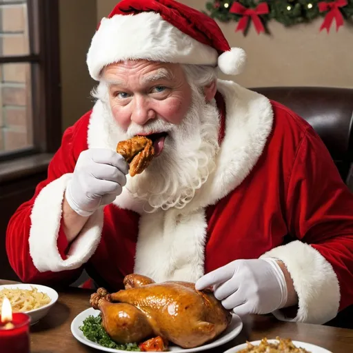 Prompt: santa clause eating chicken