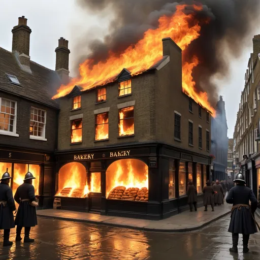 Prompt: A bakery fully on fire in 1666 london