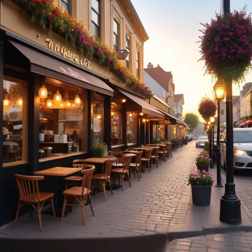 Prompt: A cup of coffee on a table at a cafe on a beautiful street with comfortable lighting