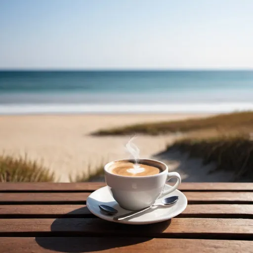 Prompt: A hot cup of coffee near the beach on a wooden table