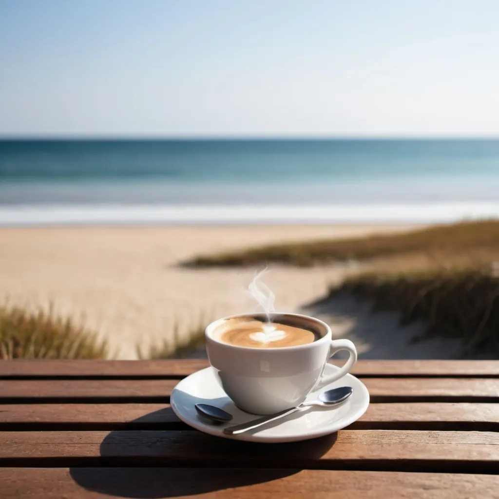 Prompt: A hot cup of coffee near the beach on a wooden table