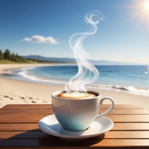 Prompt: A hot cup of coffee near the beach on a wooden table