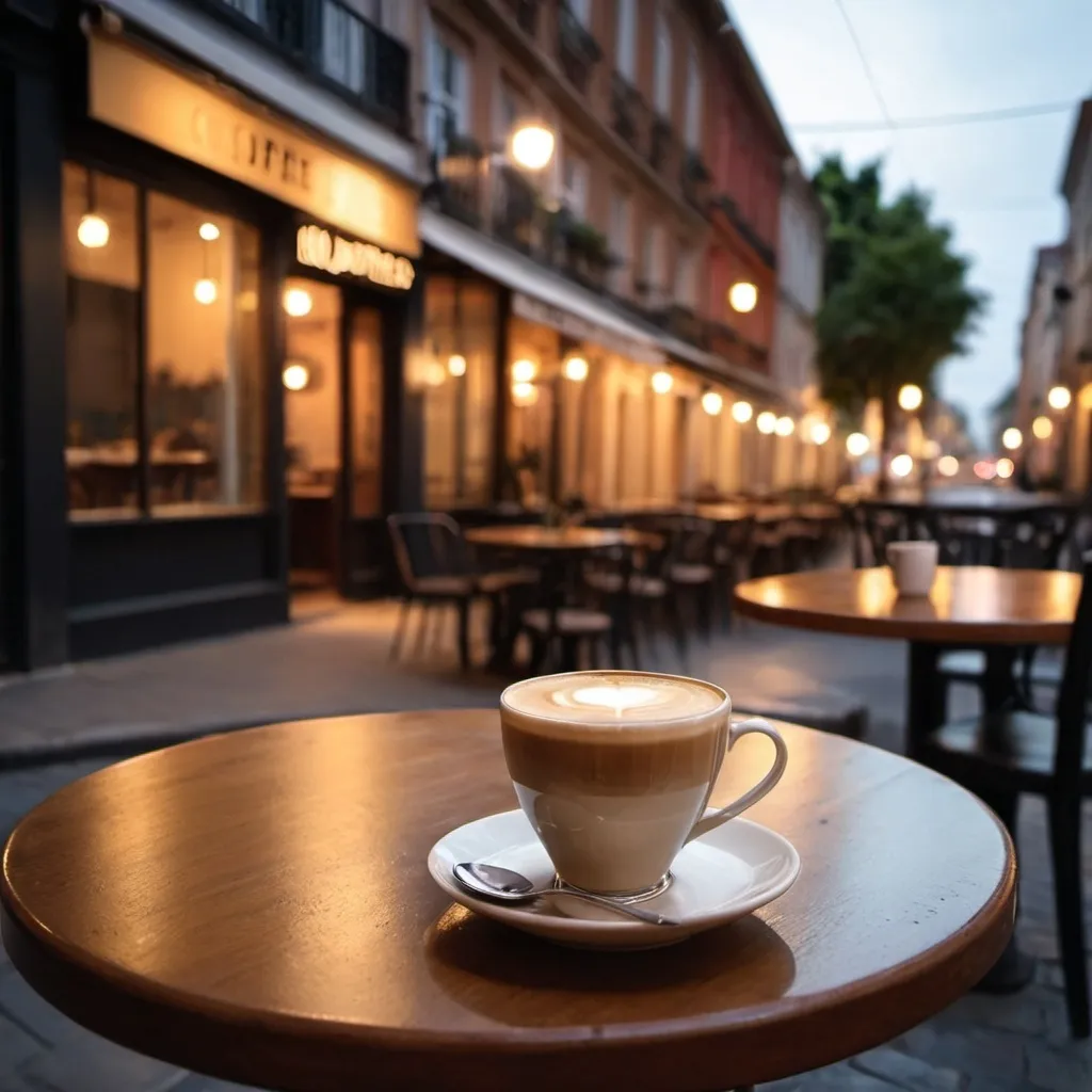 Prompt: A cup of coffee on a table at a cafe on a beautiful street with comfortable lighting