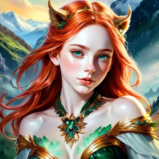 Prompt: (fantasy style), (warm color scheme), skimpy red-haired bear queen, gracefully floating over a majestic mountain landscape, vibrant greens blending in the sky, intricate details in the wings and attire, dynamic pose capturing motion, ethereal atmosphere, soft glow illuminating the scene, ultra-detailed, captivating composition, enchanting background filled with clouds and distant peaks. clear image