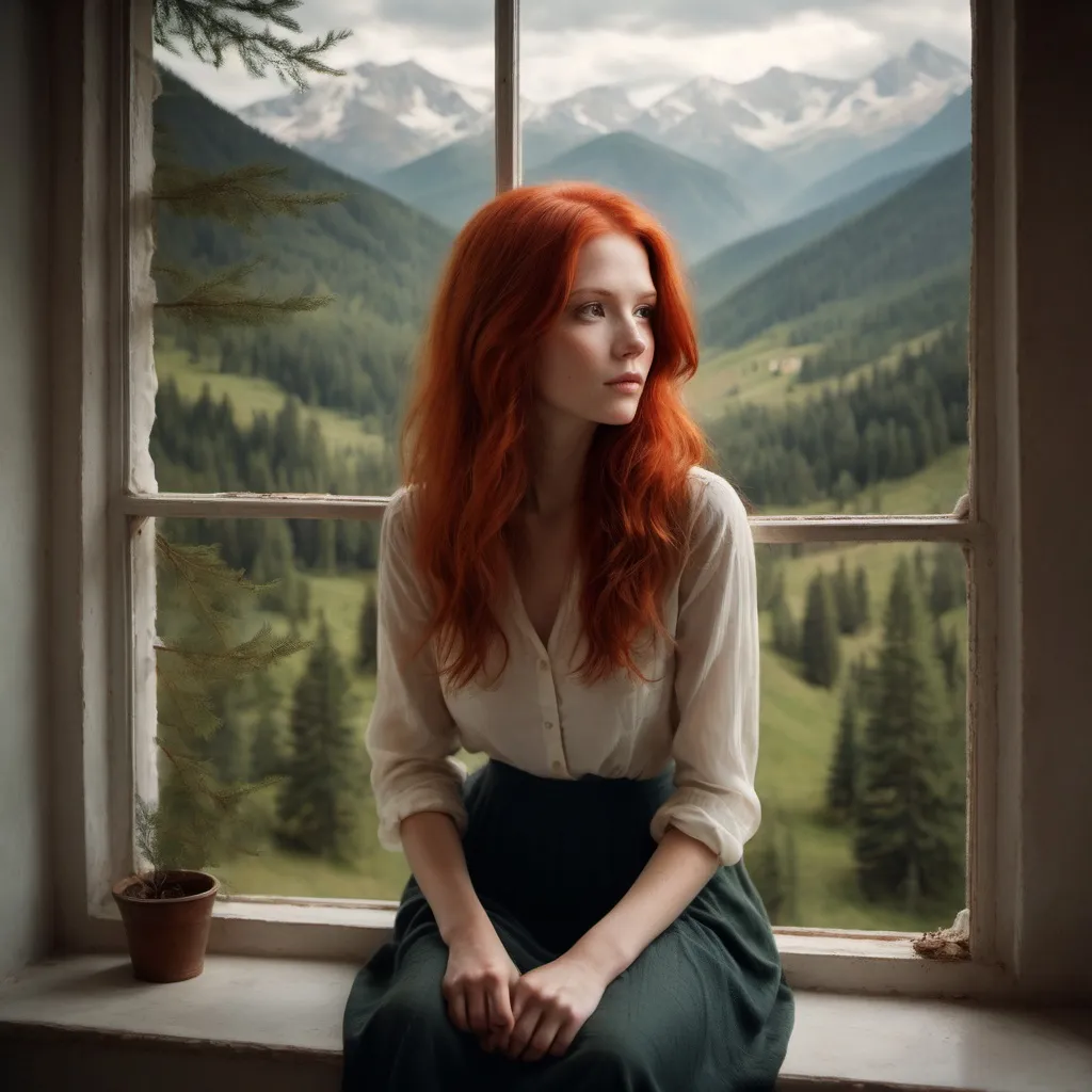 Prompt: a woman with red hair sitting in a window sill looking out the window at the mountains and trees, Anka Zhuravleva, neo-romanticism, natural light, a portrait