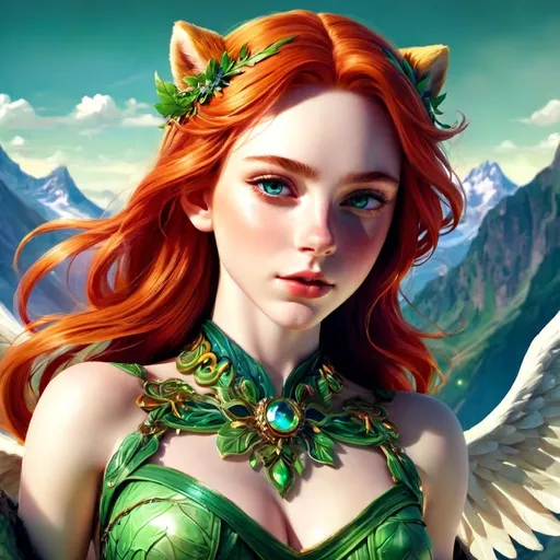 Prompt: (fantasy style), (warm color scheme), skimpy red-haired bear queen, gracefully floating over a majestic mountain landscape, vibrant greens blending in the sky, intricate details in the wings and attire, dynamic pose capturing motion, ethereal atmosphere, soft glow illuminating the scene, ultra-detailed, captivating composition, enchanting background filled with clouds and distant peaks. clear image, full body image