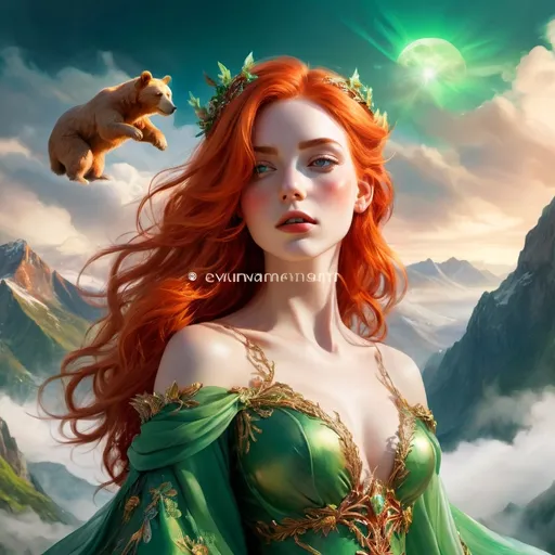 Prompt: (fantasy style), (warm color scheme), red-haired bear queen, gracefully floating over a majestic mountain landscape, vibrant greens blending in the sky, intricate in the attire, dynamic pose capturing motion, ethereal atmosphere, soft glow illuminating the scene, ultra-detailed, captivating composition, enchanting background filled with clouds and distant peaks. clear image, full body image