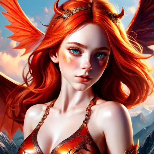 Prompt: (fantasy style), (warm color scheme), skimpy red-haired succubus, gracefully flying over a majestic mountain landscape, vibrant reds and fiery oranges blending in the sky, intricate details in the wings and attire, dynamic pose capturing motion, ethereal atmosphere, soft glow illuminating the scene, ultra-detailed, captivating composition, enchanting background filled with clouds and distant peaks. clear image