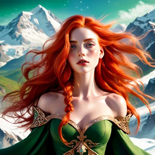 Prompt: (fantasy style), (warm color scheme), red-haired Nordic queen, gracefully floating over a majestic mountain landscape, vibrant greens blending in the sky, intricate in the attire, dynamic pose capturing motion, ethereal atmosphere, soft glow illuminating the scene, ultra-detailed, captivating composition, enchanting background filled with clouds and distant snow covered peaks and forests as far as the eye can see. clear image, full body image