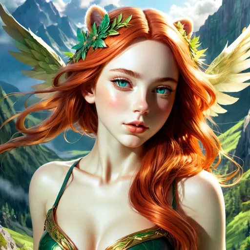 Prompt: (fantasy style), (warm color scheme), skimpy red-haired bear queen, gracefully floating over a majestic mountain landscape, vibrant greens blending in the sky, intricate details in the wings and attire, dynamic pose capturing motion, ethereal atmosphere, soft glow illuminating the scene, ultra-detailed, captivating composition, enchanting background filled with clouds and distant peaks. clear image, full body image