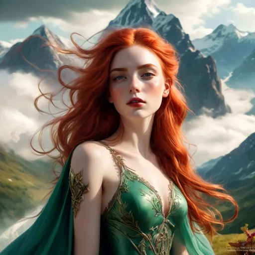 Prompt: (fantasy style), (warm color scheme), red-haired Nordic queen, gracefully floating over a majestic mountain landscape, vibrant greens blending in the sky, intricate in the attire, dynamic pose capturing motion, ethereal atmosphere, soft glow illuminating the scene, ultra-detailed, captivating composition, enchanting background filled with clouds and distant peaks. clear image, full body image