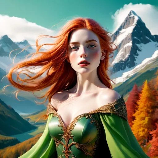 Prompt: (fantasy style), (warm color scheme), red-haired Nordic queen, gracefully floating over a majestic mountain landscape, vibrant greens blending in the sky, intricate in the attire, dynamic pose capturing motion, ethereal atmosphere, soft glow illuminating the scene, ultra-detailed, captivating composition, enchanting background filled with clouds and distant snow covered peaks and forests as far as the eye can see. clear image, full body image