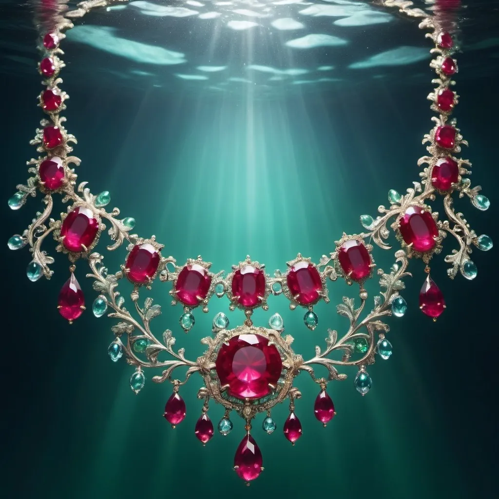 Prompt: (necklace made of rubies and emeralds sinking in clear blue water), Victorian style, intricate design, sparkling gemstones, delicate settings, high-depth cinematic masterpiece, cool tones, serene atmosphere, fine details, ripples in water, soft glimmer, photorealistic, ultra-detailed, HD, underwater illumination, gentle light reflections, ethereal glow, immersive quality shadows, pristine water clarity, elegant craftsmanship