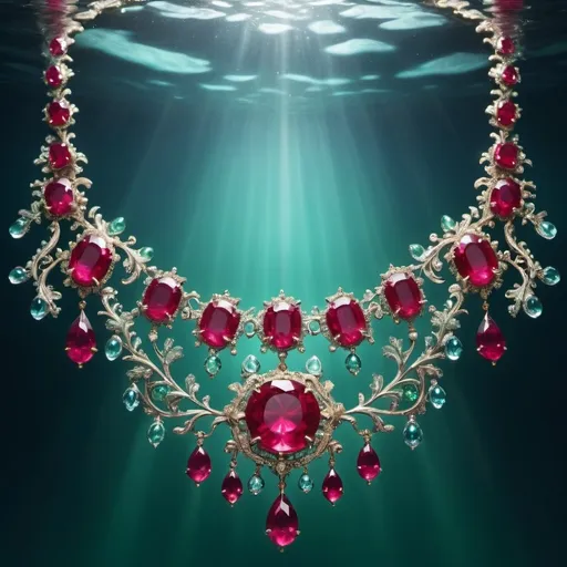 Prompt: (necklace made of rubies and emeralds sinking in clear blue water), Victorian style, intricate design, sparkling gemstones, delicate settings, high-depth cinematic masterpiece, cool tones, serene atmosphere, fine details, ripples in water, soft glimmer, photorealistic, ultra-detailed, HD, underwater illumination, gentle light reflections, ethereal glow, immersive quality shadows, pristine water clarity, elegant craftsmanship