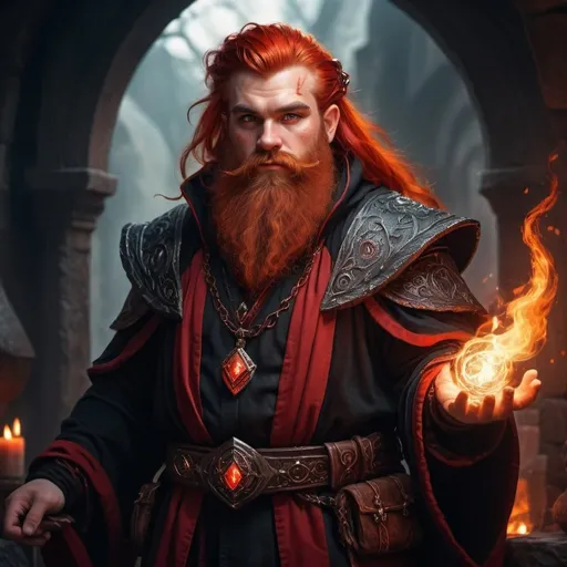 Prompt: Young Fantasy Dwarf Mage with red hair, red and black attire, high quality, fantasy art, magical, fiery tones, detailed beard and robes, mystical, atmospheric lighting