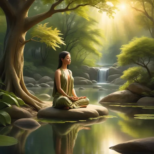 Prompt: (inner peace), serene figure meditating amidst a tranquil landscape, calming nature elements like soft flowing water and gentle trees, warm golden light illuminating the scene, highly detailed and soothing ambiance, ethereal and harmonious atmosphere, lush green colors with vivid foliage, ultra-detailed, peaceful setting invites deep reflection and relaxation, harmonious balance with surrounding nature.