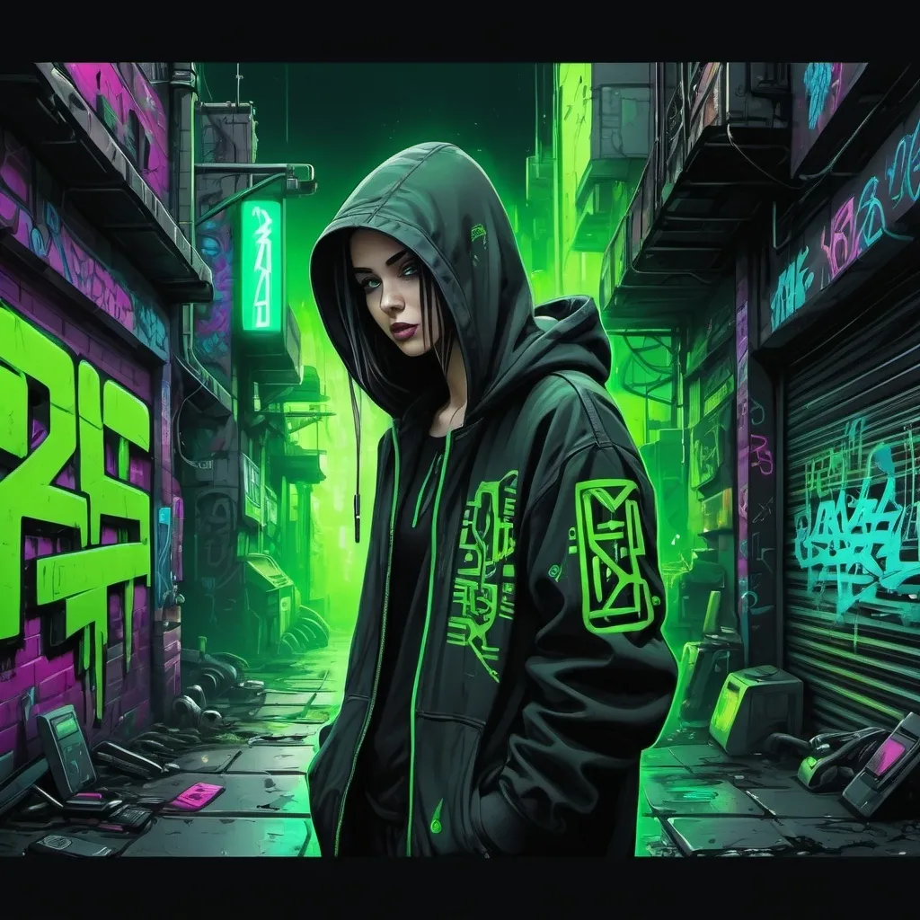 Prompt: Draw me a picture, size 3000 pixels in length, 2000 pixels in height, in the style of graffiti cyberpunk, the composition should be composed of items related to the street and high technology, do not use letters and numbers, colour 80% bright green, background black

