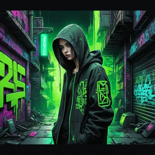 Prompt: Draw me a picture, size 3000 pixels in length, 2000 pixels in height, in the style of graffiti cyberpunk, the composition should be composed of items related to the street and high technology, do not use letters and numbers, colour 80% bright green, background black

