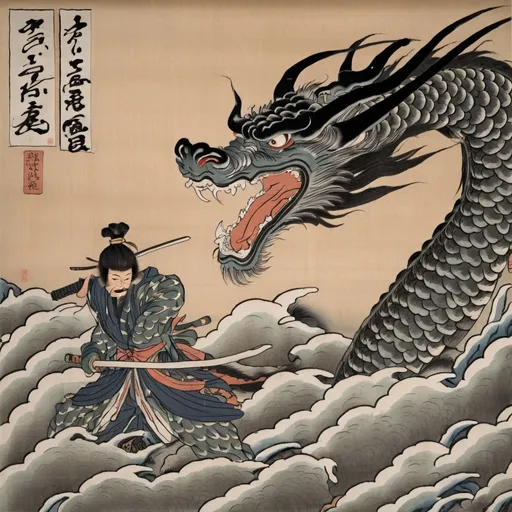 Prompt: Samurais fighting a dragon, Asian art