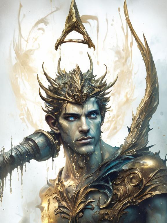 Prompt: art by Bastien Lecouffe Deharme and Billelis; splash art of the god Hermes in his 40s, handsome, golden, sensual, looking at the camera, powerful, cunning, androgynous, Greek, masterpiece, highly detailed, detailed eyes, looking at the camera, fantasy, high definition, realistic, digital art, masterpiece, caduceus