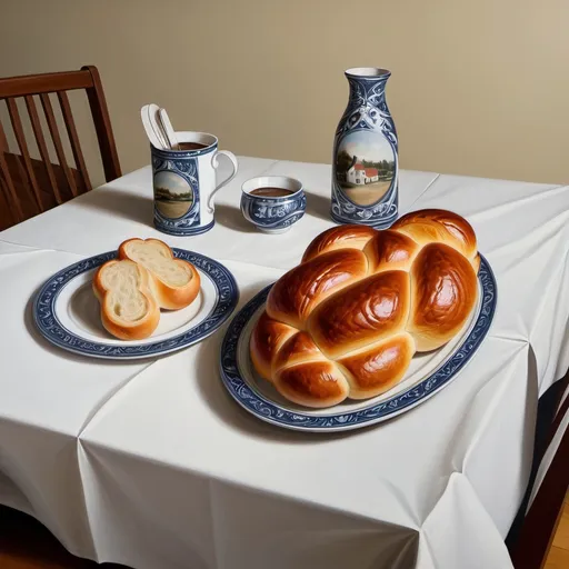 Prompt: how would you fix this painting ( the collars don’t match and the challah looks off also what color should the table be and cup?