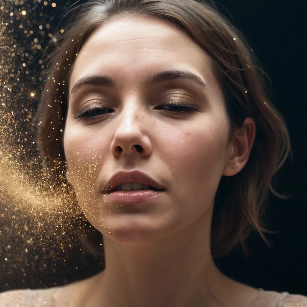 Prompt: woman fading away into sparkling dust