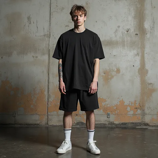 Prompt: In a stark, industrial setting with a textured concrete wall, a young man stands confidently at the center, conveying a sense of urban style. Dressed in an oversized black t-shirt and loose-fitting black shorts, he pairs his outfit with white sneakers and crew-length socks, emphasizing a casual yet fashionable aesthetic. His light brown hair is styled simply, and a couple of tattoos peek out from under his sleeves, hinting at a personal narrative. The lighting casts soft shadows across his figure, highlighting his serious expression while the muted tones of the environment create a gritty yet stylish backdrop, exuding a contemporary vibe.