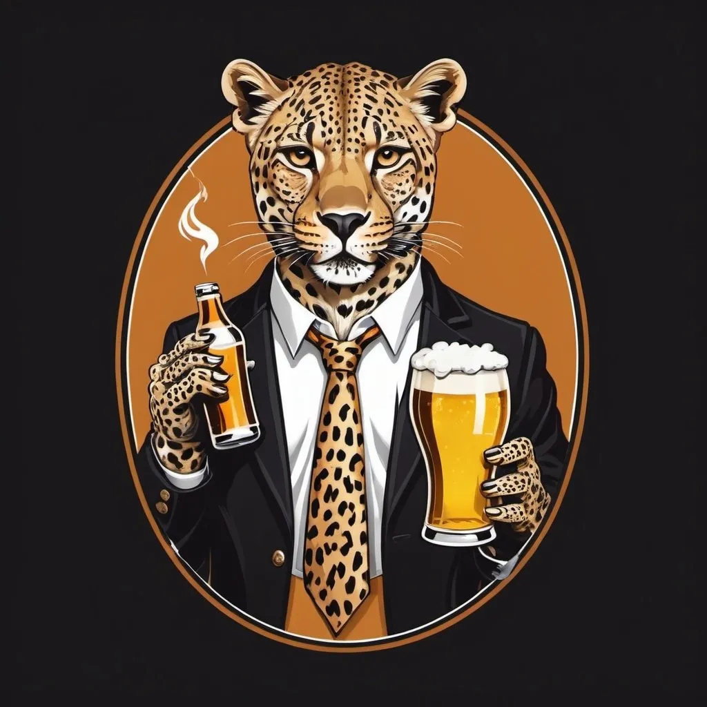 Prompt: A leopard with a cigarette and an beer as a simple logo