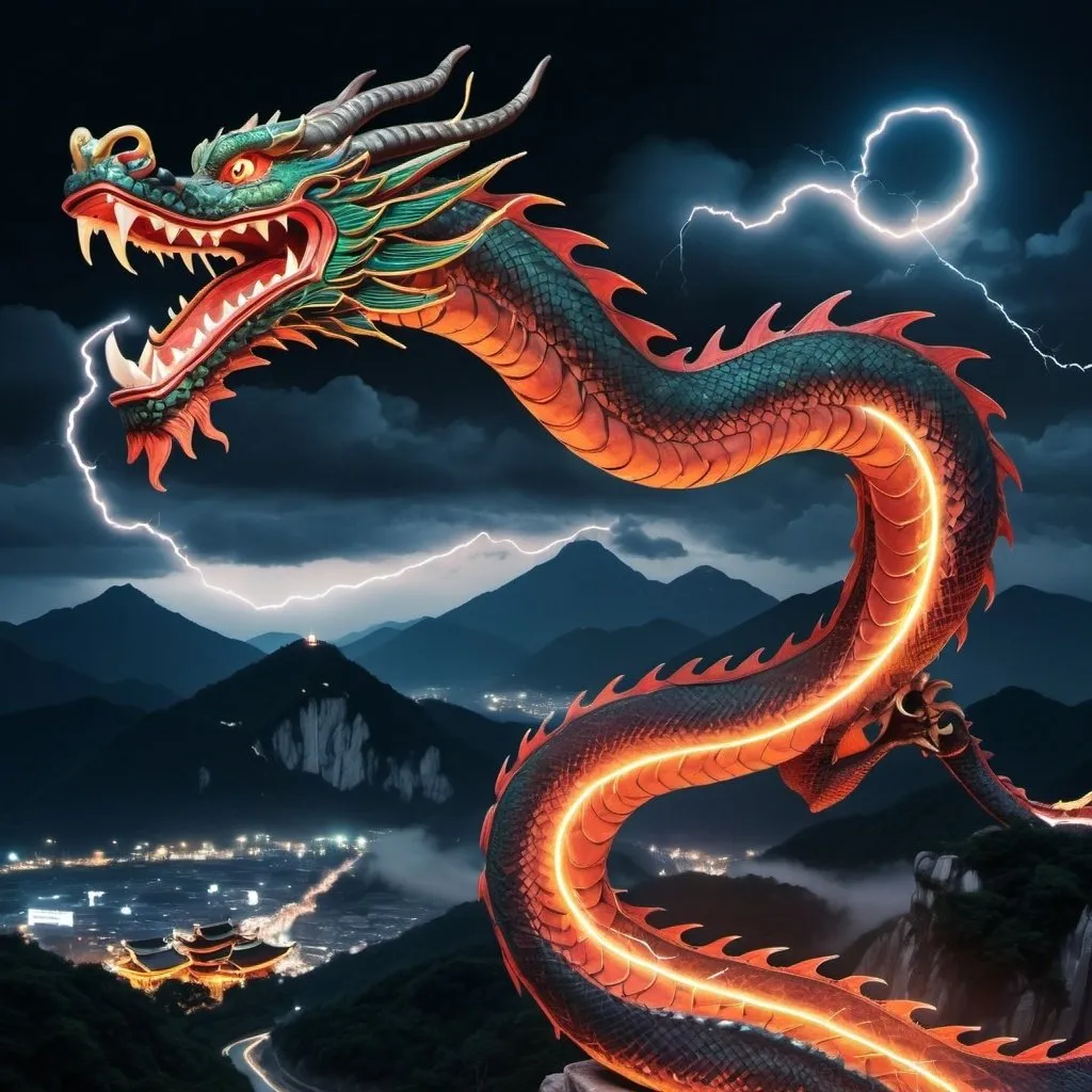 Prompt: a  100m long dragon flying from murim with a weebton style with a chinese montain background with a dramataic look in the nigh with lightning


