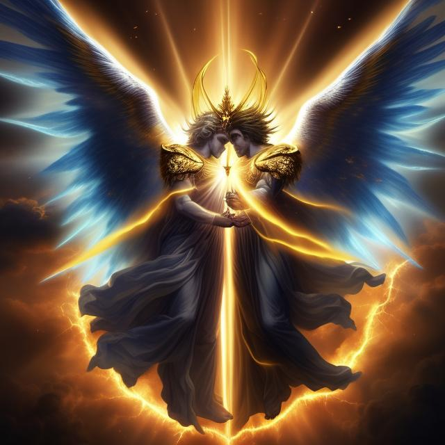 Prompt: "Generate a striking image of a celestial battle between a divine angel and Lucifer. Picture a radiant heavenly backdrop, the angel exuding majesty with unfurled wings. Show Lucifer with his unique light, both figures engaged in an intense clash. Emphasize the angel's overpowering light, conveying the triumph of divine radiance over darkness."