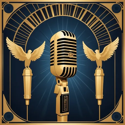 Prompt: Imagine an Art Deco-style poster featuring a vintage microphone at the center, flanked by silhouettes of four singers on each side, representing the two groups. The background could include a soft golden glow with musical notes floating around, evoking a sense of nostalgia and timeless elegance. The color palette might include deep blues, golds, and blacks, typical of the era.