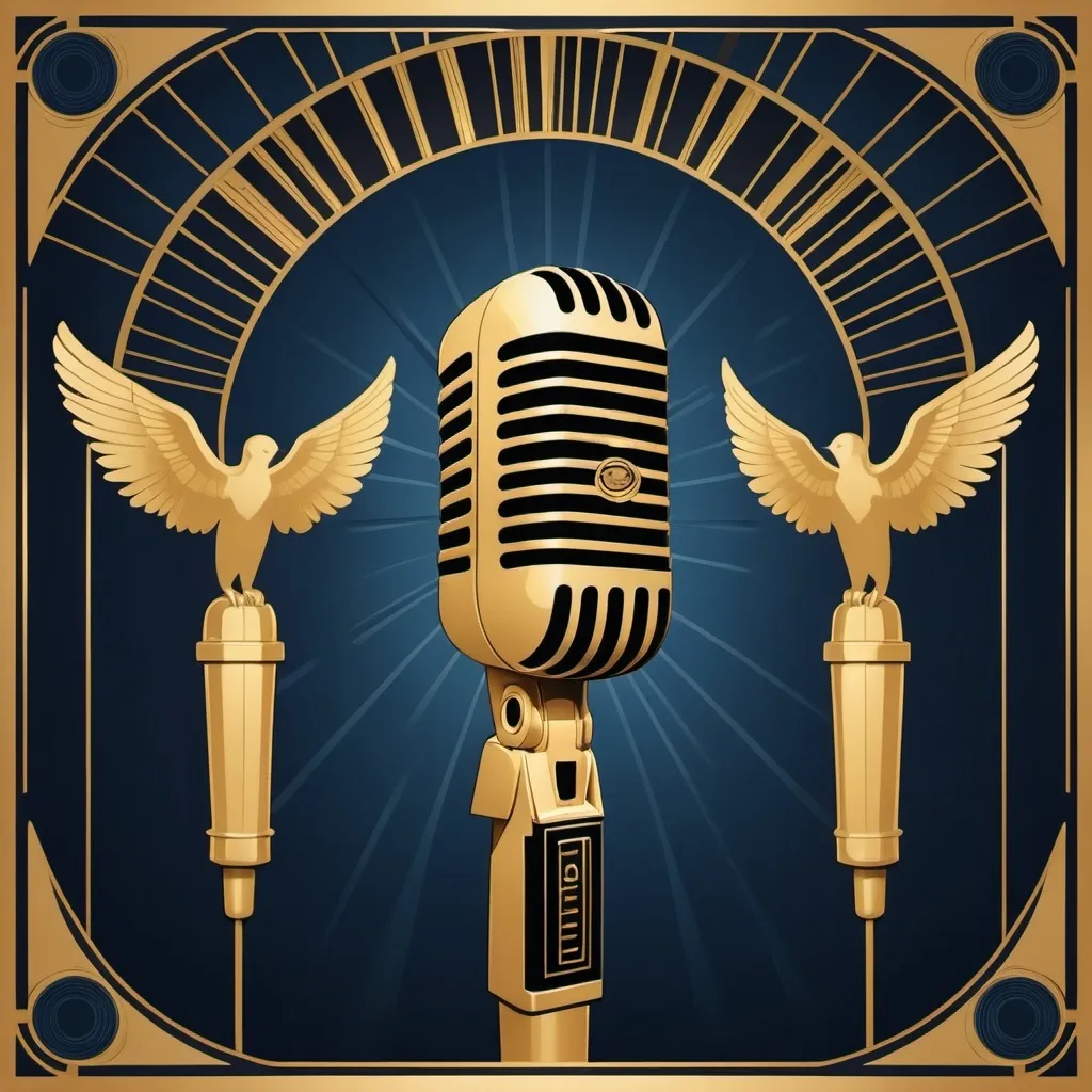 Prompt: Imagine an Art Deco-style poster featuring a vintage microphone at the center, flanked by silhouettes of four singers on each side, representing the two groups. The background could include a soft golden glow with musical notes floating around, evoking a sense of nostalgia and timeless elegance. The color palette might include deep blues, golds, and blacks, typical of the era.