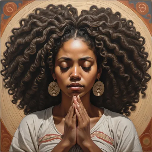 Prompt: he image is a highly detailed and artistic depiction of a Afro mexican woman in a prayerful pose, voluminous hair in loose coiled ringlets spiraling downward, Facing diagonally She is shown with her head slightly bowed, eyes gently closed, and hands clasped together in front of her chest. Her expression is peaceful and contemplative, suggesting a sense of devotion or meditation.

Her attire is a shimmering, light-colored robe that drapes elegantly over her shoulders and down her body. The material appears to have a soft, almost ethereal texture, with subtle reflections of light that add to the overall glow of the image. Over her head, she wears a delicate veil that flows seamlessly into the robe, adding to the impression of purity and grace.

Surrounding her head is a magnificent halo made of radiant light, reminiscent of traditional religious iconography. This halo is composed of countless tiny, sparkling particles that emanate outward in all directions, creating a stunning visual effect that suggests divinity and holiness. The particles look like stardust, adding a cosmic quality to the scene.

The background is a deep, rich black, which serves to highlight the luminous figure of the woman. The contrast between the dark background and the glowing subject enhances the sense of otherworldliness, making her appear almost celestial. The overall composition of the image conveys a sense of spirituality and reverence, drawing the viewer into a moment of quiet reflection 
