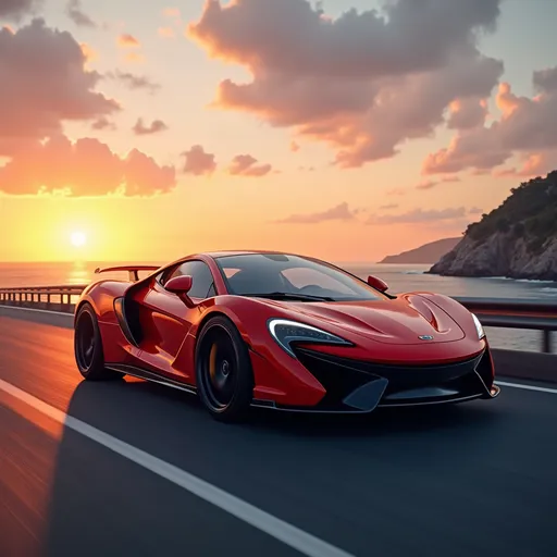 Prompt: Photorealistic sleek sports car, dynamic pose, striking metallic red exterior, speeding along a scenic coastal highway. Captivating sunset paints the sky with warm hues of orange and purple, reflecting on the shimmering ocean waters. Vibrant detailing on the car shows off its design. Ultra-detailed, high-quality visuals with a cinematic ambiance that captures the thrill of speed.