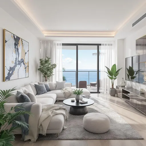 Prompt: Please, create pictures of a full luxury appartment. This means a picture of every room and angle. This is a penthouse appartment. The furniture and style are modern luxury. Is it in white, black, brown and grey colours with green plants for a touch of green. The living room and kitchen are one space, kitchen has enough drawers without handles. There is also kitchen island. Bathroom should have a shower eith a glass wall. The view from the appartment is on the seaside. The appartment also have a balcony. It is very bright, ti is open space. It should include kitchen, dining area and living room all in one space, it should have bedroom, big bathroom, walk in closet, an office, balcony and spare bedroom with extra bathroom for guests. 
