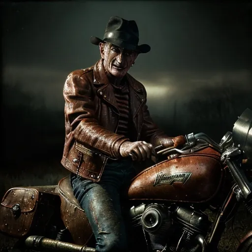 Prompt: Vintage Freddy Krueger riding a motorbike 