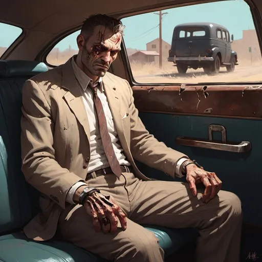 Prompt: concept art painted by {{{{Atey Ghailan}}}} of a {{{handcuffed}}} and aged and burn-scarred crazed criminal, {{{wrists handcuffed}}} fury look, corrupted, bone spines sticking through clothes, passenger seat, vintage attire, working pose, action shot, professional quality, high detailed, vintage colors, intense shadows, dramatic lighting, detailed features
