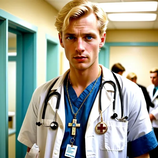 Prompt: <my model> A candid action-shot photorealism, photojournalism blond 1960s doctor walking in a rural medical clinic, British, blue eyes, handsome wearing  a gold medical necklace with a cadus symbol on it's chain,