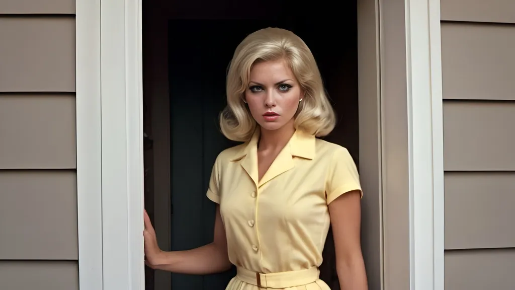 Prompt: Candid authentic by photograph  {{{Q Hayashida}}} a dangerous and mysterious blonde 1960s woman standing in an open doorway looking into a house, contemptuous look, bold lines, candid, vintage attire, working pose, action shot, professional quality, high detailed, vintage colors, intense shadows, dramatic lighting, detailed features