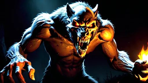 Prompt: Dynamic action concept art of crinos werewolf with a rotting mangy skull lit by firelight attacking a group, concept art by {{{{Alex Toth}}},  horror theme, corrupted ecological art, skull rot, horror lighting, dark, high-contrast lighting eerie atmosphere, detailed texture, chilling and ominous, high quality, horror, antagonist, eerie lighting, detailed texture