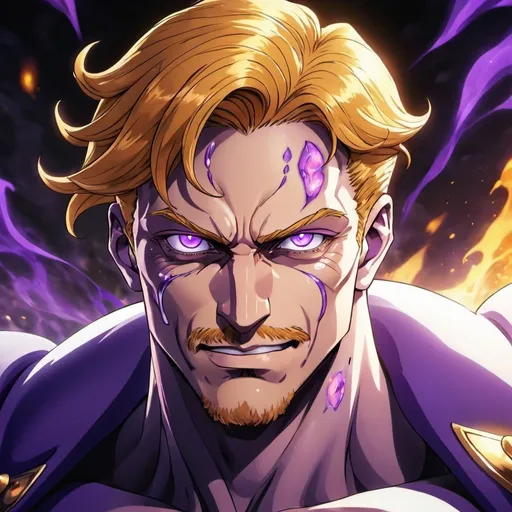 Prompt: Purple anime illustration of full potential Escanor, detailed facial features, radiant purple aura, muscular physique, flowing purple hair, intense and confident expression, anime, detailed glowing purple eyes, purple tones, magical aura, highres, ultra-detailed, anime, fantasy, intense purple lighting