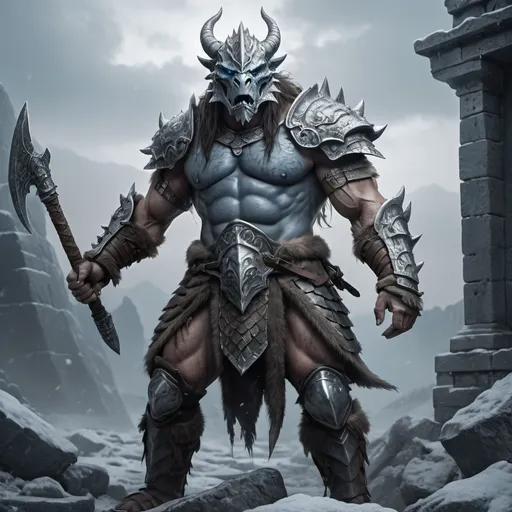 Prompt: (barbarian silver dragonborn), medieval fantasy art, epic scene, dramatic lighting, highly detailed scales and armor, powerful and imposing stance, rugged and scarred body, heroic atmosphere, icy breath, ancient ruins in the background, overcast sky, cold color palette with shades of silver, blue, and grey, foggy and mysterious ambiance, 4K resolution, ultra-detailed, masterpiece illustration