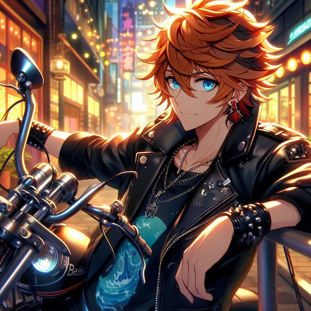 Prompt: genshin impact, anime, cartoon, Tartaglia, messy ginger orange hair, ahoge, ocean blue eyes, single red earing on right ear, leaning on a custom chopper, black leather jacket with a water design, big black buckled leather boots, lit up in an alleyway of a bustling city by bright neon lights,,