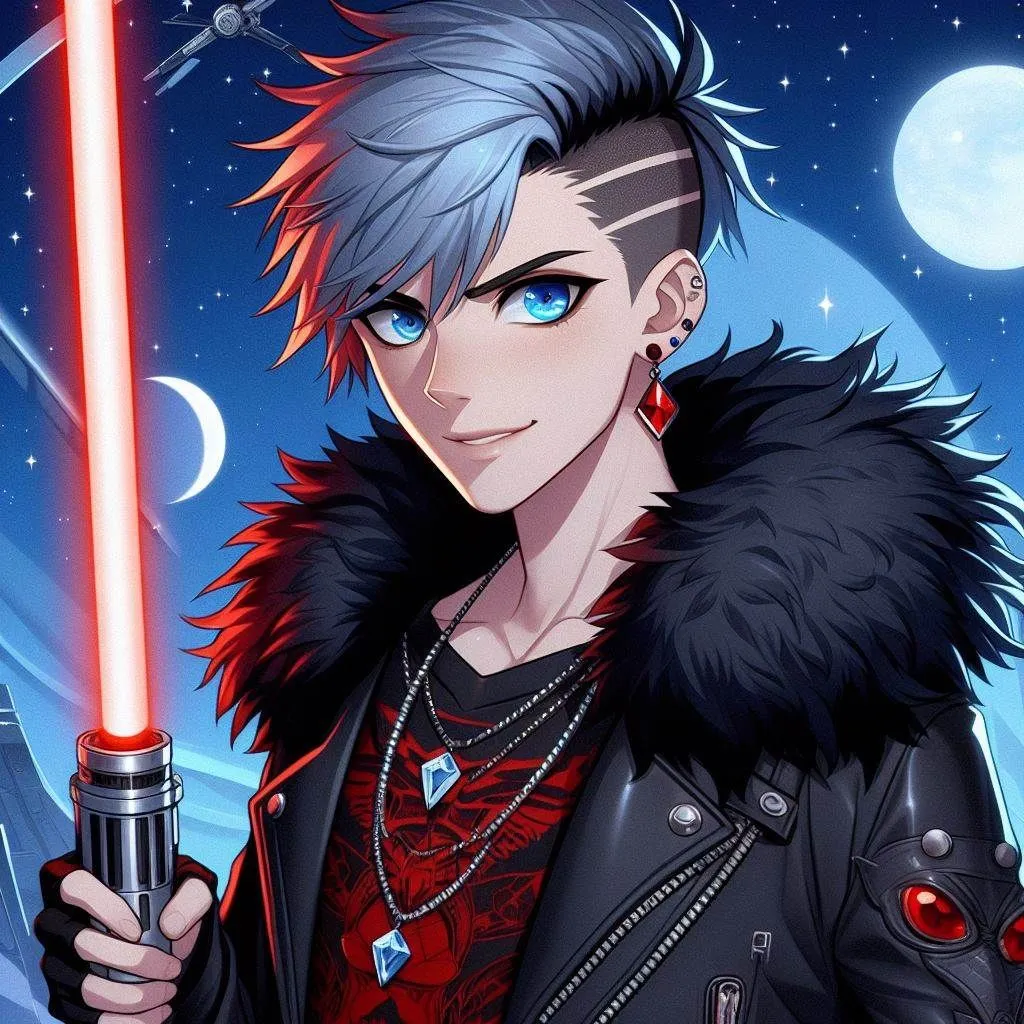 Prompt: cartoon, anime, young male with ice blue side shaved haircut, Black leather jacket with black fur (thick winter coat) around the rim, fancy black and red shirt, red ruby diamond shaped necklace, bright blue devious eyes, red earing, devilish expression, red and black shirt, holding a double sided red light saber (star wars) two handed, futuristic backdrop moons and stars