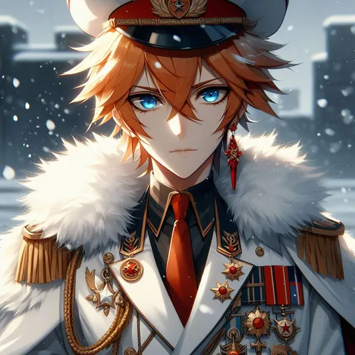 Prompt: Tartaglia from Genshin Impact, in the Style of Vivziepop (Hazbin Hotel/HellaBoss), in a full russian officers uniform with arm tassles and rank medals white fur jacket, looking darkly at the viewer with bright blue eyes, short orange messy hair with ahoge falling between his eyes, single red earing on his right ear, with an even darker expression as it snows behind him,