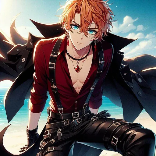 Prompt: anime, cartoon, Tartaglia, large ocean blue eyes, Short messy orange hair falling between his eyes, single red gem earing (right side), tall muscular skinny male, wearing a dark black trench coat open, tight leather pants and tight crimson red dress shirt, black leather harness, form fitting, One open top button on shirt, Knee high black buckled boots, handsome, alluring, tempting eyes, at beach background