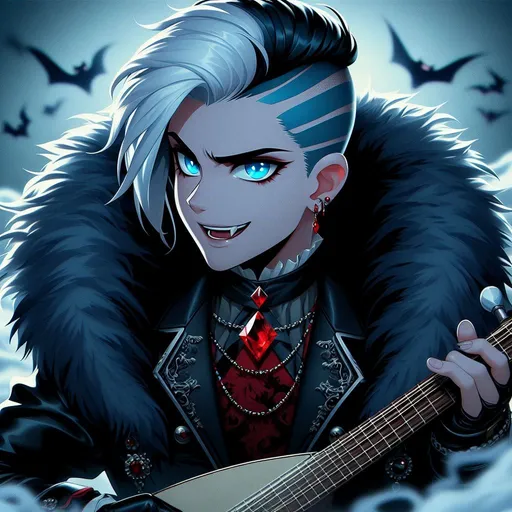 Prompt: cartoon, anime, sith lord, young male with ice blue side shaved haircut, Black leather jacket with black fur (thick winter coat) around the rim, fancy black and red dress shirt, red ruby diamond shaped necklace, bright blue devious eyes, red earing, devilish expression, vampire, surrounded by mist playing a lute aggressively