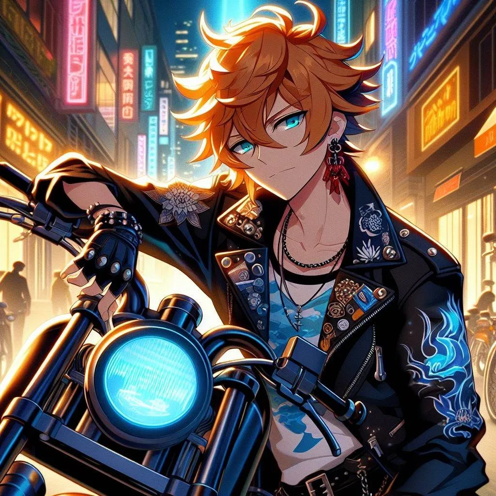 Prompt: genshin impact, anime, cartoon, Tartaglia, messy ginger orange hair, ahoge, ocean blue eyes, single red earing on right ear, leaning on a custom chopper, black leather jacket with a water design, big black buckled leather boots, lit up in an alleyway of a bustling city by bright neon lights,