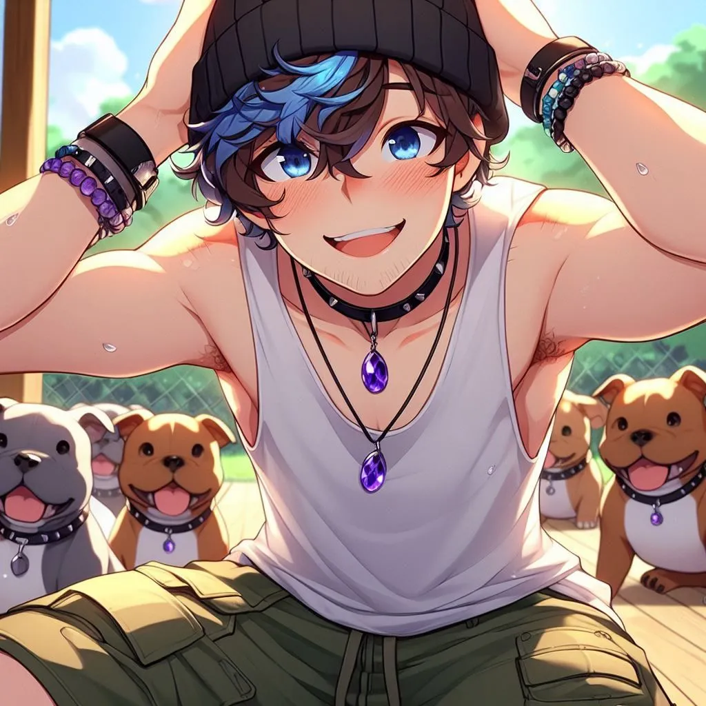 Prompt: anime, cartoon, adult young man, blush, a black baggie beanie, a white tank top, cargo shorts, purple amethyst necklace, chin stubble, dark ocean blue eyes, side shave haircut (buzzed sides), messy curly brown hair falling infront of the left eye blocking it(with ice blue streaks and fades) curling ontop and towardsover the front of the hat, crossed arms, cheerful look, leaning forward, cheeky, background surrounded by friendly pitbulls outside