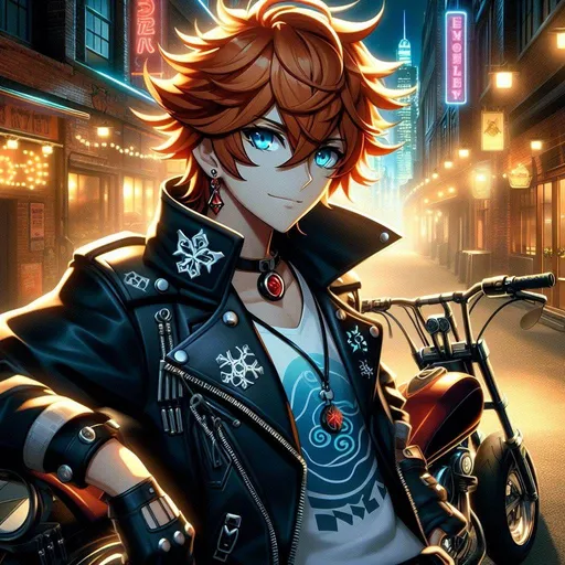 Prompt:  genshin impact, anime, cartoon, Tartaglia, messy ginger orange hair, ahoge, ocean blue eyes, single red earing on right ear, sitting on a custom chopper, black leather jacket with a water design, big black buckled leather boots, lit up in an alleyway of a bustling city by bright neon lights,,